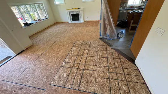 Exposed subfloor during installation