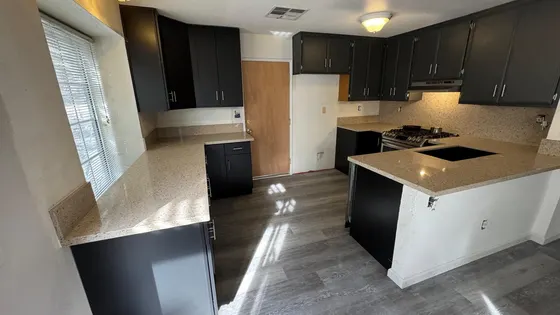 Kitchen and gray plank flooring