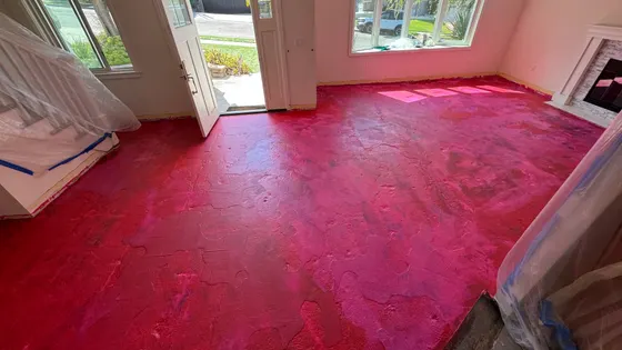 Red carpet before floor replacement