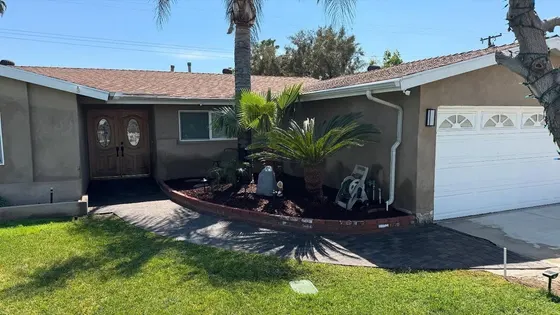 A house with a white garage door and a palm tree in front of it.
